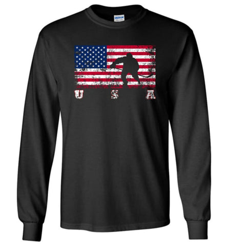 American Flag Hockey - Long Sleeve T-Shirt - Black / M