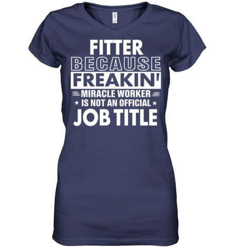 Fitter Because Freakin’ Miracle Worker Job Title Ladies V-Neck - Hanes Women’s Nano-T V-Neck / Black / S - Apparel