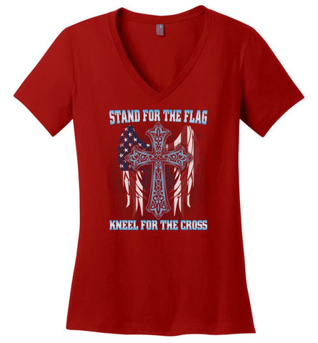 Stand For The Flag Kneel For The Cross - Ladies V-Neck - Red / M